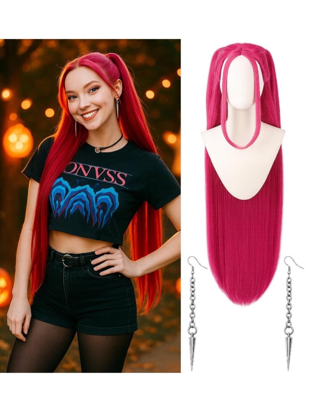 Womens Pink Straight Cosplay Convenient Set Include Adjustable Wig Cap Headpiece